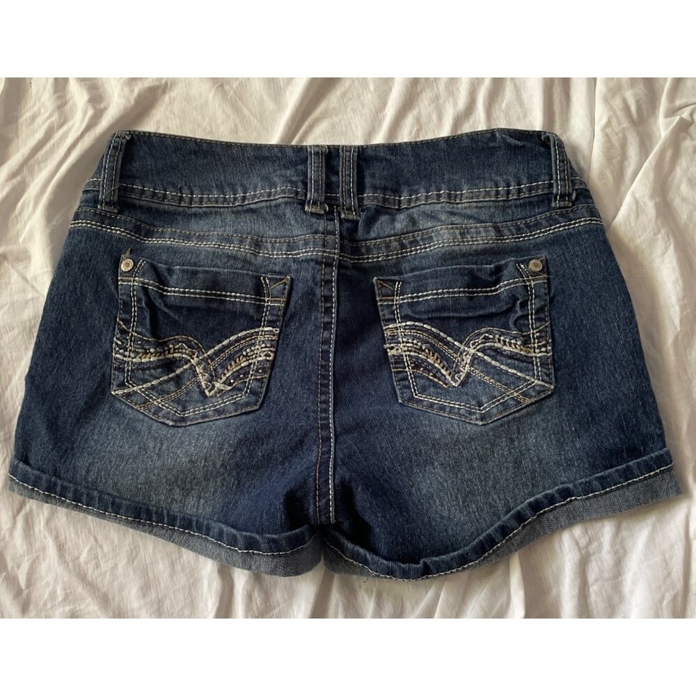 Wallflower Distressed Dark Wash Denim Shorts With Embroidered Back Pockets Size
